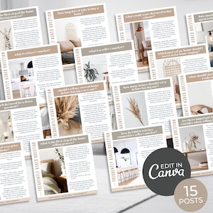 以下が含まれることがあります： 家を買うことと売ることについてのテキストが書かれた、ベージュと茶色の15枚のカードのセット。カードには、ドライフラワーの入った花瓶、キッチン、リビングルームなど、さまざまな画像が掲載されています。