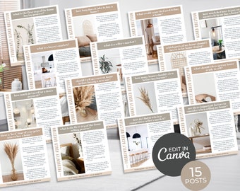 May include: A collection of 15 beige and brown cards with text about buying and selling a home. The cards feature a variety of images, including a vase with dried flowers, a kitchen, and a living room.