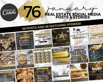 May include: A collage of 76 social media posts and stories for real estate agents. The posts feature a variety of themes related to the new year, including resolutions, goals, and home buying tips. The posts are designed in a gold and black colour scheme with a modern and elegant aesthetic.