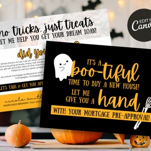 Het is een boe-tivolle tijd om een huishypotheek te kopen Briefkaart | Hypotheekkaart voor Halloween | Hypotheekkaart van de herfst | Halloween-hypotheekmarketing