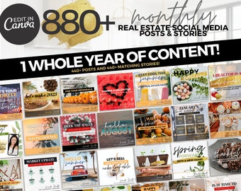Monthly Real Estate Social Media Posts & Matching Stories Bundle | Real Estate Social Media Templates | Monthly Real Estate Instagram Posts