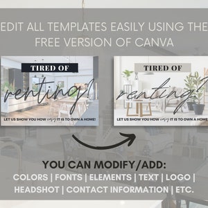 May include: Two social media post templates with a white background and black text that reads "Tired of renting? Let us show you how easy it is to own a home!" One template features a modern kitchen with stainless steel appliances and a dining table. The other template features a living room with a couch, plants, and a coffee table. The text "You can modify/add: Colors | Fonts | Elements | Text | Logo | Headshot | Contact Information | Etc." is below the templates.