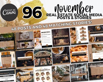 May include: A collage of 96 social media posts and stories for real estate agents. The posts feature a variety of themes, including Thanksgiving, Black Friday, and home buying tips. The images are a mix of photos and illustrations, and they are all designed to be eye-catching and engaging.