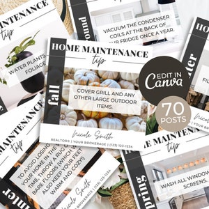 Op de afbeelding: Een collage van zeven sjablonen voor social media-berichten met tips voor huishoudelijk onderhoud. Elk bericht toont een ander seizoen, een tip voor huishoudelijk onderhoud en de tekst "Home Maintenance Tip". De tekst "Edit in Canva" en "70 Posts" is ook opgenomen in de collage.