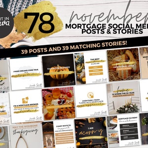 Könnte beinhalten: Eine Collage aus 78 Social-Media-Posts und -Stories für Hypothekenmakler mit herbstlichen Motiven wie Kürbissen, Kürbissen und Eicheln. Der Text enthält Sätze wie "Ich bin Hypothekenmakler", "Zeit, über Hypotheken zu sprechen" und "Frohes Thanksgiving".
