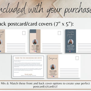 May include: Five different back postcard designs for real estate agents. Each design features a different colour scheme and layout. The designs include a photo of a woman, a business card, and a space for text. The text on the postcards includes the phrase "Come tour your dream home!" and "Thank you for considering our invite!"