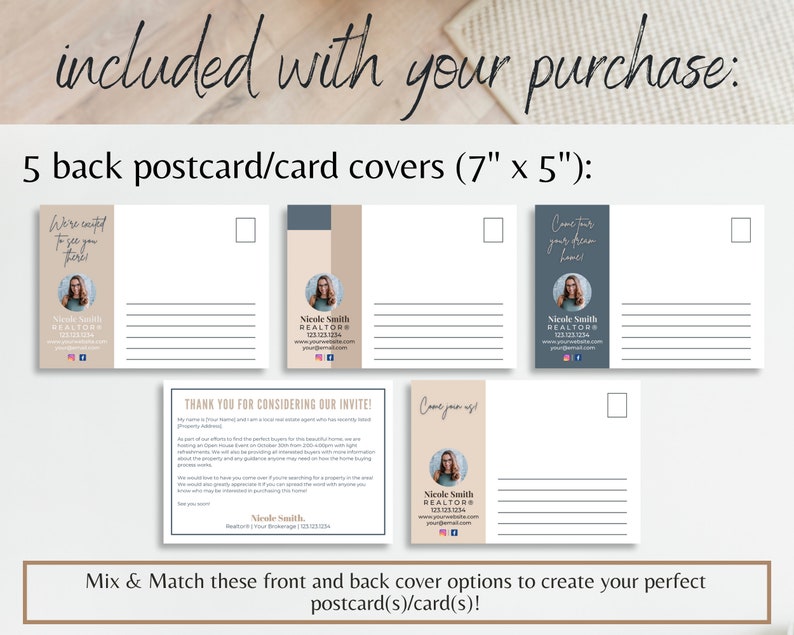 May include: Five different back postcard designs for real estate agents. Each design features a different colour scheme and layout. The designs include a photo of a woman, a business card, and a space for text. The text on the postcards includes the phrase "Come tour your dream home!" and "Thank you for considering our invite!"