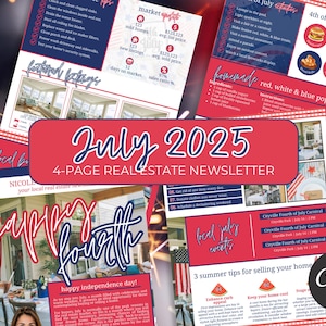 Newsletter immobiliare di luglio 2025 / Modello di newsletter immobiliare del 4 luglio / Marketing immobiliare, volantino per agenti immobiliari, newsletter estiva