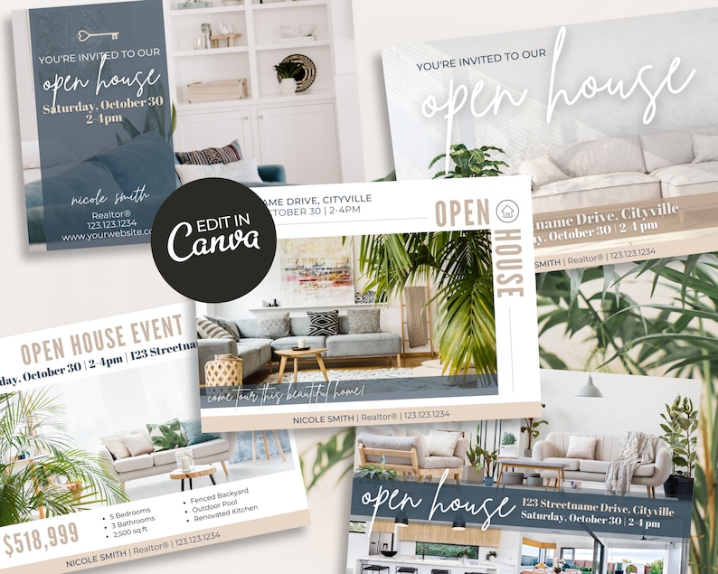 May include: A set of six open house real estate flyers with a modern design. The flyers feature a light blue and white colour scheme with a photo of a house interior and a green plant. The text on the flyers includes the address, date, and time of the open house, as well as the realtor's name and contact information.