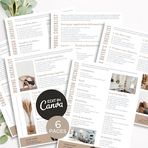 May include: A set of six printable checklists for home buyers, with a neutral color scheme and a rustic aesthetic. The checklists cover topics such as moving, home services, insurance, change of address, buyer's inspection, and e-buyer's checklist. The checklists are designed to help home buyers stay organized and on track throughout the home buying process.