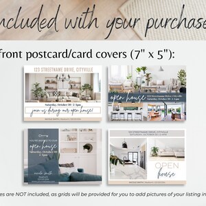 May include: Ten printable 7x5 inch postcard templates for real estate open houses. The templates feature a blue and white colour scheme with a key icon and the text "open house".