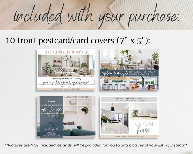 May include: Ten printable 7x5 inch postcard templates for real estate open houses. The templates feature a blue and white colour scheme with a key icon and the text "open house".