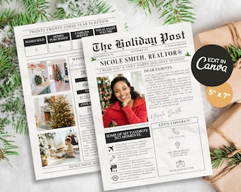 May include: A black and white newspaper-style holiday card with a photo of a woman in a red sweater. The card features the text "The Holiday Post" and "Nicole Smith, REALTOR®". The card also includes a list of the realtor's accomplishments and a section titled "Some of My Favorite 2023 Moments".