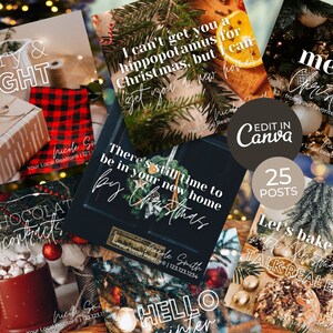 May include: A collage of images with a Christmas theme. The images include a red and black plaid blanket, a brown gift box, a mug of hot chocolate with marshmallows, a Christmas tree, and a plate of cookies. The text "Merry & Bright", "Hot Chocolate & Contracts", "There's still time to be in your new home by Christmas", "Merry Christmas", "Let's bake cookies with my Christmas bonus", and "Talk Real Estate" is included in the images.