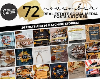 May include: A collage of 72 social media posts and stories for real estate agents, featuring a Thanksgiving theme. The images include fall leaves, pumpkins, food, and text about real estate investing and the housing market.