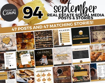 May include: A collage of 94 social media posts and stories for real estate agents, featuring fall-themed designs with pumpkins, leaves, coffee, and cozy sweaters. The text "September Real Estate Social Media Posts & Stories" is at the top of the image. The text "47 Posts and 47 Matching Stories!" is below the title.