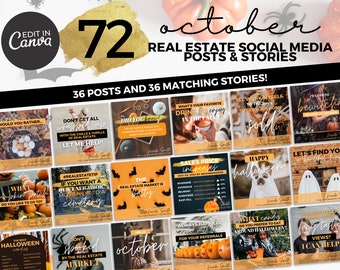 May include: A digital marketing kit for real estate agents featuring 72 social media posts and stories with a Halloween theme. The images feature pumpkins, ghosts, bats, and candy. The text includes phrases like "Let me help!" and "Happy Halloween!"
