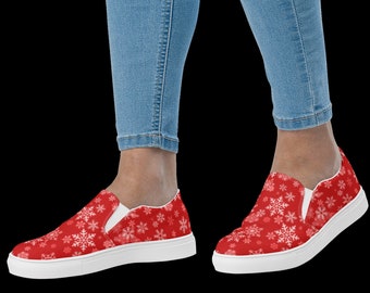 Red Snowflake sneakers, Dames slip-on canvas schoenen, Dames canvas sneakers, kerstschoenen, winterschoenen