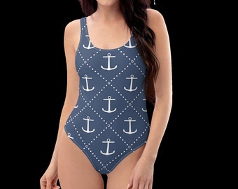 Anchor Bathing suit, Navy blue swimsuit, Nautical bathing suit, Beachwear, Woman's One-Piece Swimsuit