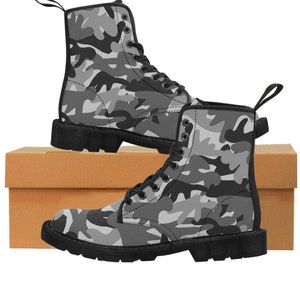 Women&#39;s Canvas Boots, Black and grey Camo Boots, camouflage ladies boots, combat boots, winter boots, hunting boots, rubber sole boots