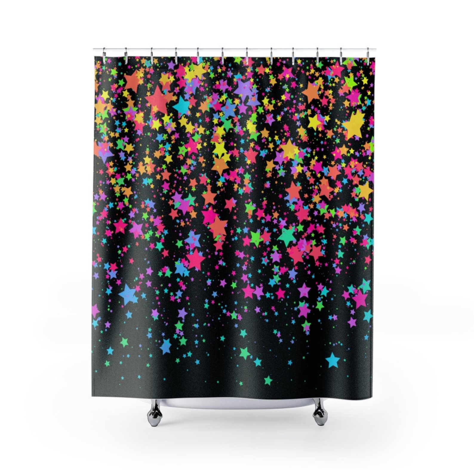 Star Shower Curtains, Rainbow Colored Stars, Black Curtain, Bathroom