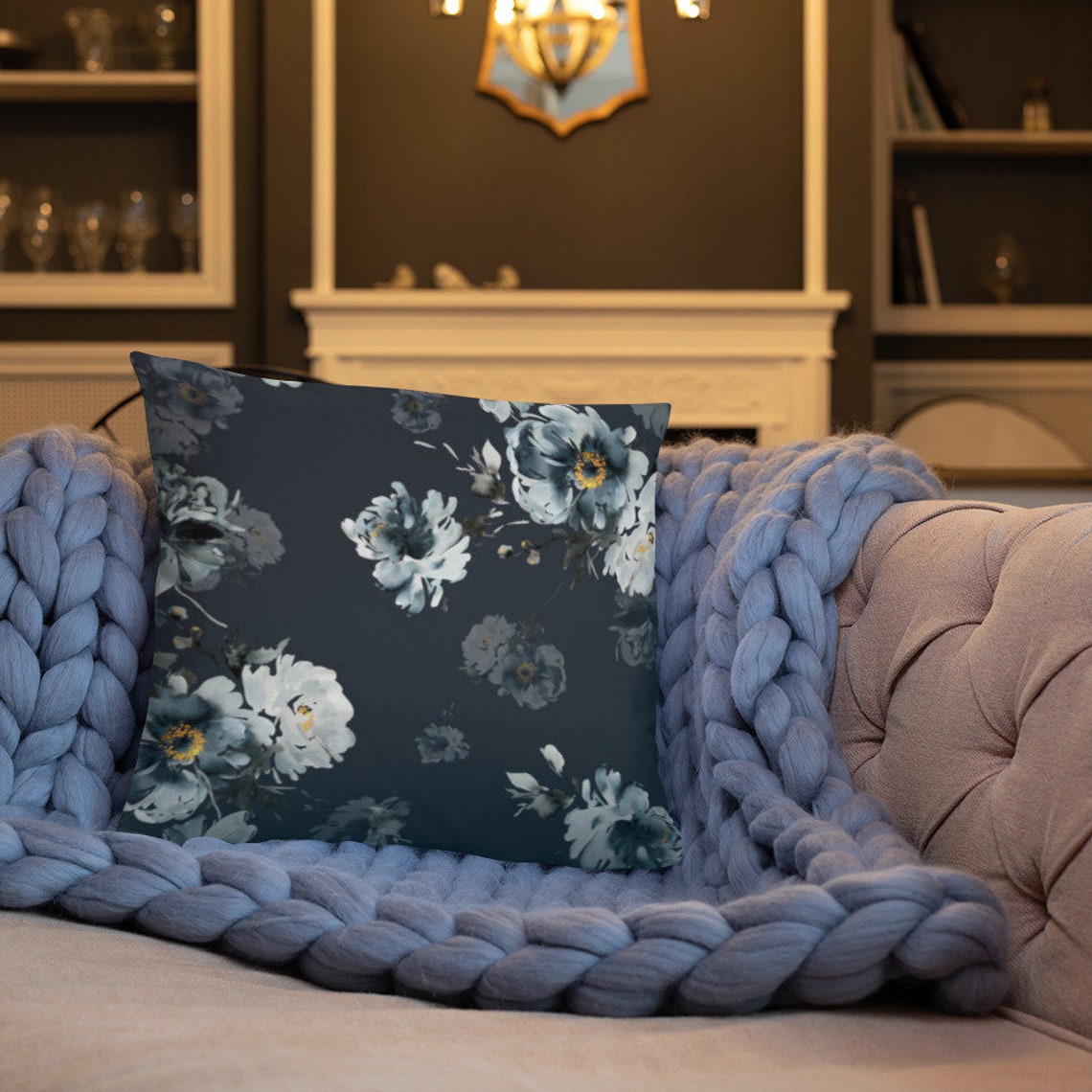 Throw Pillow Navy blue gray flower pattern rustic Etsy