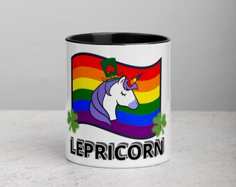 LEPRICORN, Coffee Mug with Color Inside, Unicorn, Rainbow, shamrocks, leprechaun, St Patrick's day, friend gifts, cute, funny