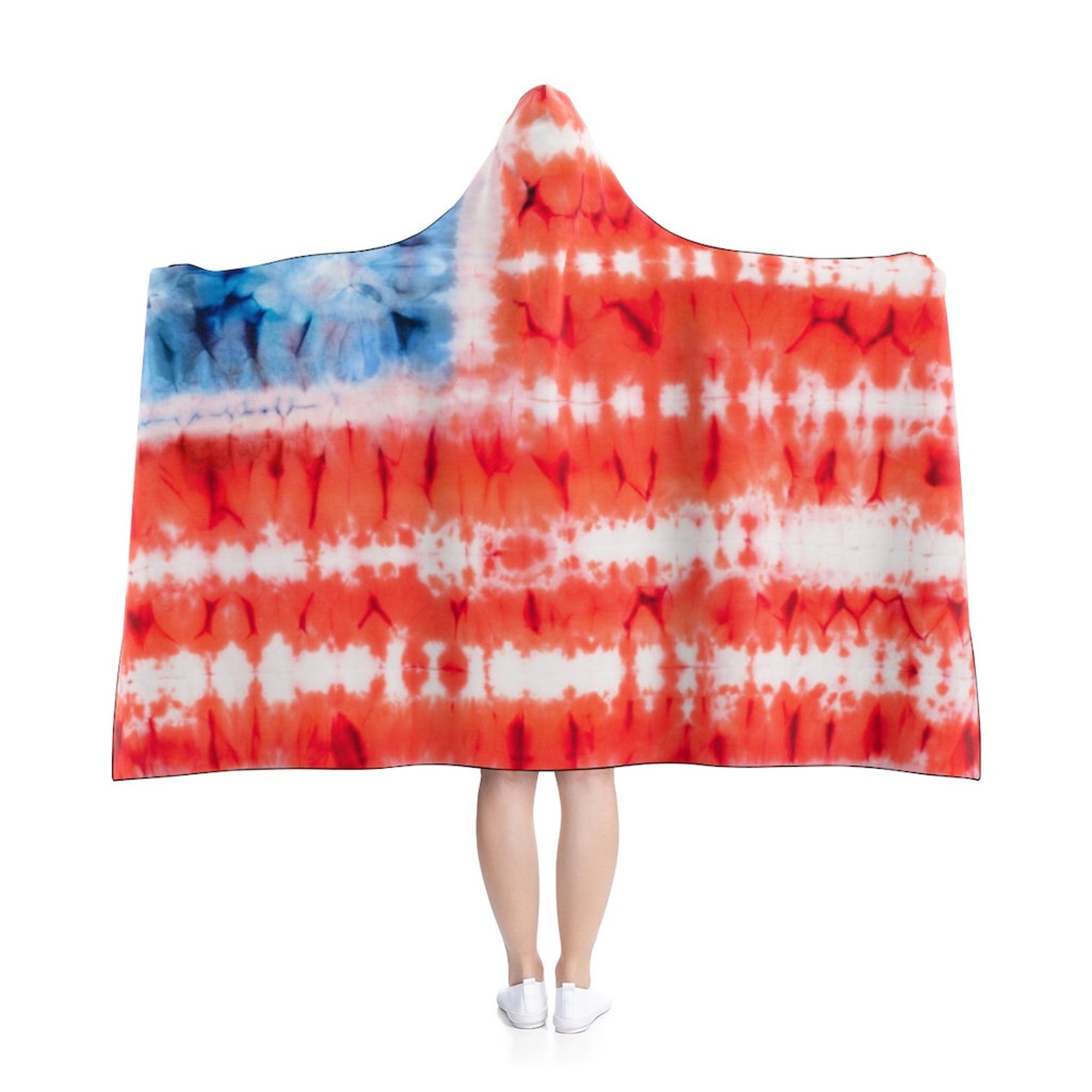 Hooded Blanket, memorial day, 4th of July, American flag, red white and blue, Tie dye, patriotic, warm, comfy, snugly,  friends gifts