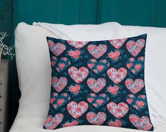 Pillow, best seller Premium Throw Pillow, Navy blue, Hearts, flowers, patterns, Home decor, farmhouse look, accent pillows, trendy, gifts