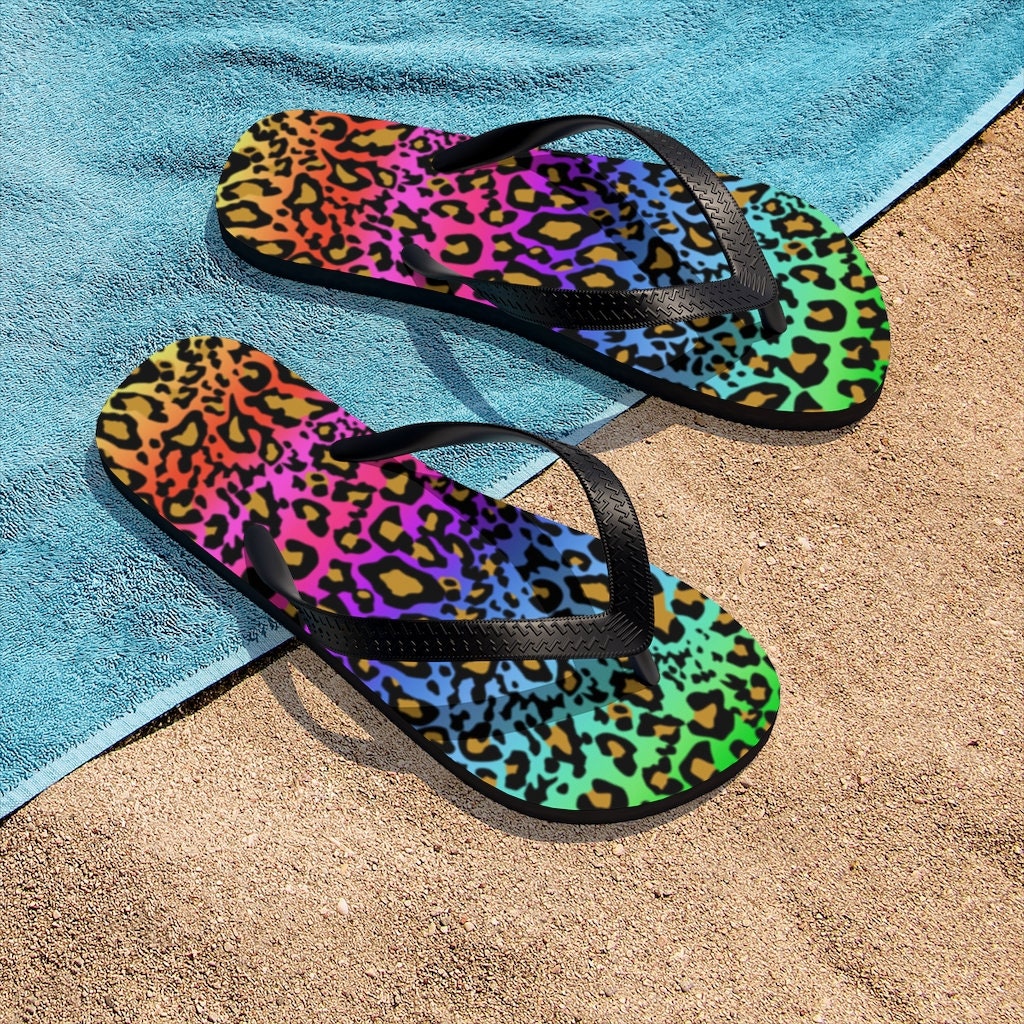 Buy Woman s Flip flops Beach Footwear Rainbow Colors Leopard