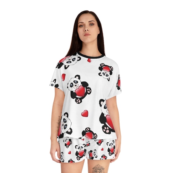 Heart Panda Bear Pajamas, Valentines Day Pj's, Women's Shorts