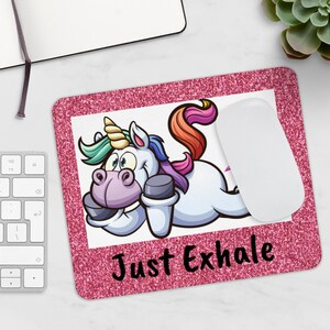 Mouse pad, Unicorn farting, Just Exhale, glitter pink, computer accessory's, desk top decor, office supplies, great gifts for girls
