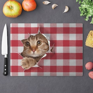 Red plaid, Cat, Funny, Kitten, glass Cutting board, cute, funny, best seller, gifts for the home, Cutting Board, kitchen decor,