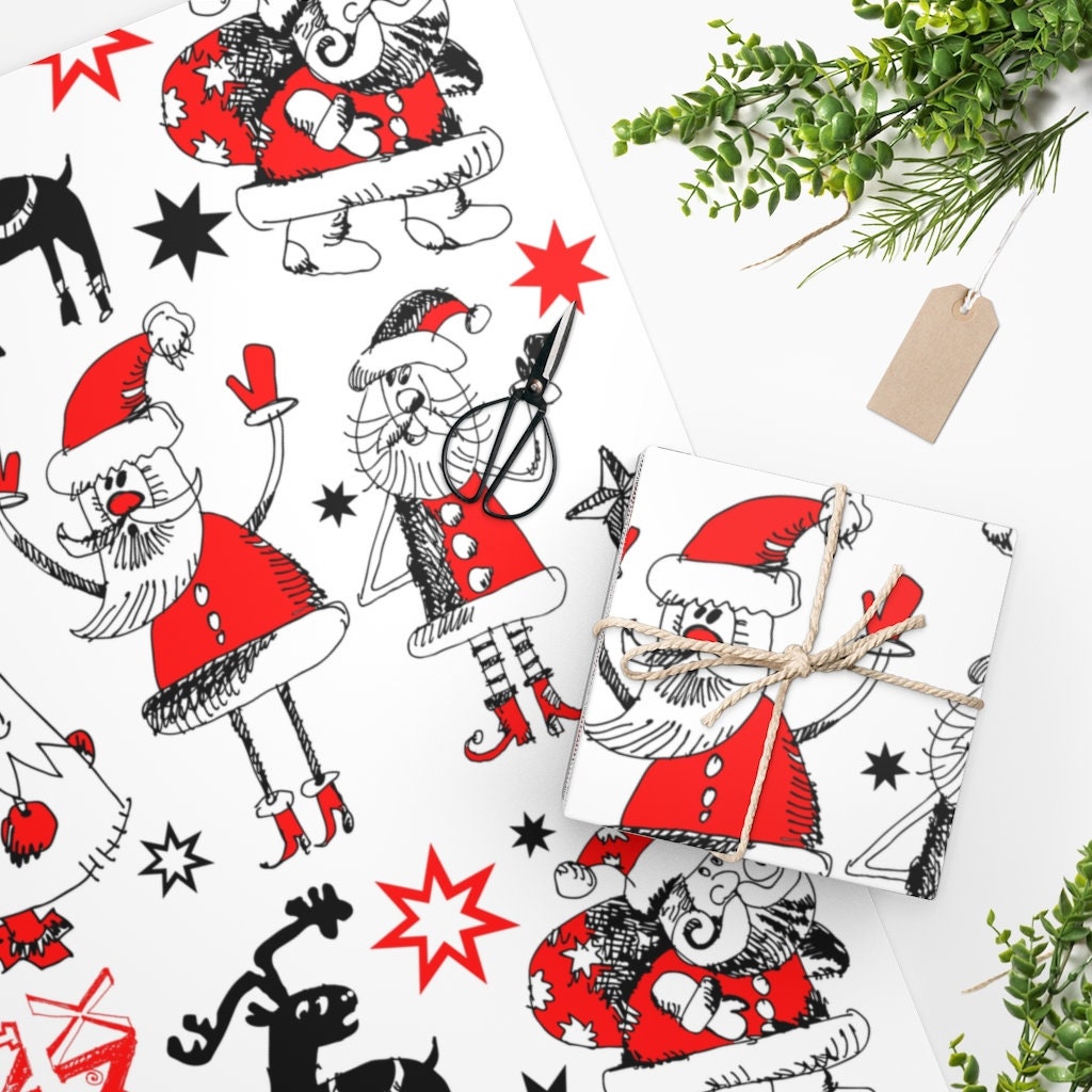 Christmas, Gift Wrap, Santa, Reindeer, Christmas Tree, One Sheet Rolled Up,  24 X 36, Wrapping Paper, Funny Modern Paper, Wrapping Presents 