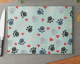 Paw print cutting Board, Glass Cutting Board, Hearts, Kitchen Accessory, Chopping board, Blue, Black, red, grey, Glass,