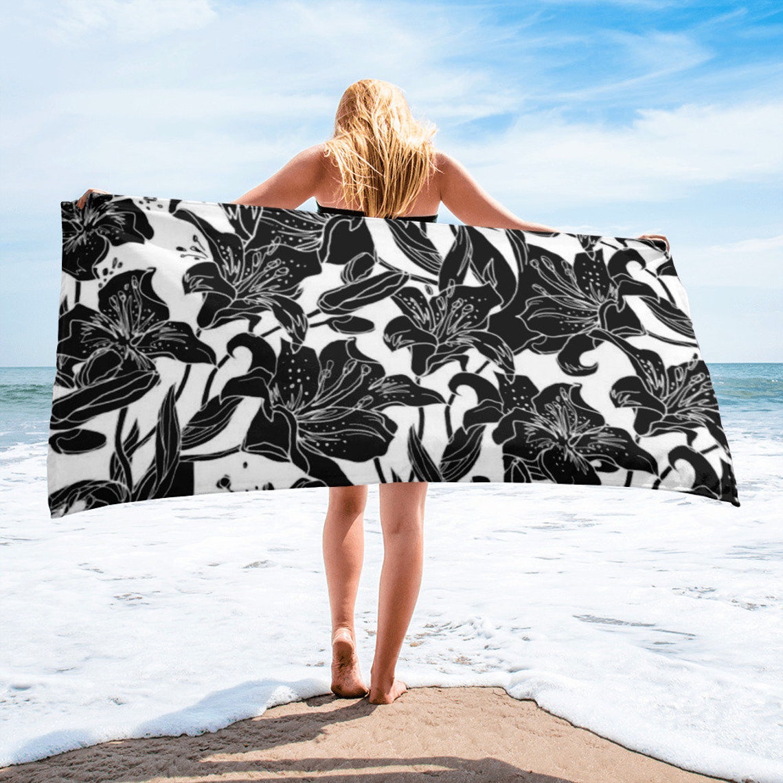 Beach Towel Bath Towel Black and White Flower Pattern Etsy