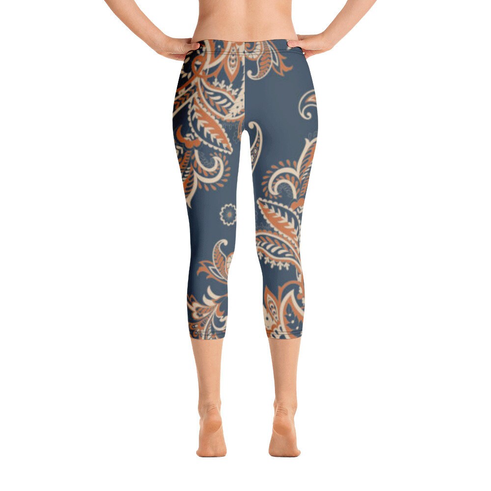Woman's, Paisley Pattern, Navy Blue, Capri Leggings, Gym Pants, Yoga