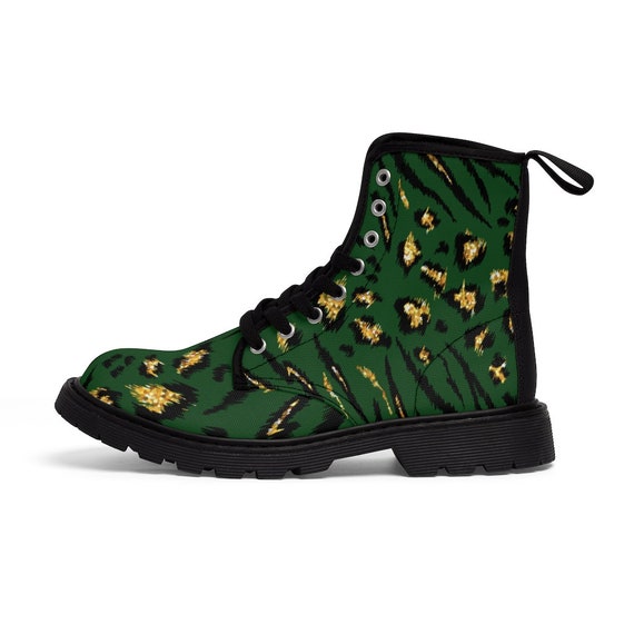 Combat Boots, Glitter Look, Animal Print Boots, Green and Gold, Women's Canvas Boots, Boots, Winter Boots, Fun Boots, Footwear