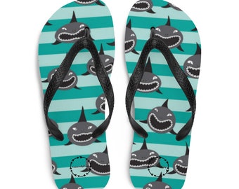 Femme, Tongs, Requins, rayures, sarcelle, sur le thème de la plage, chaussures d’été, nautique, équipement de vacances, chaussures, best-seller, sandales, vêtements de piscine