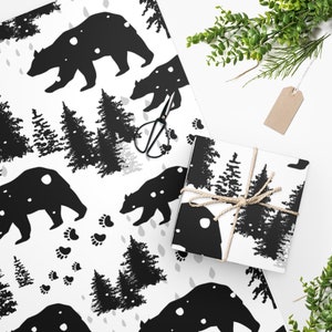 Carta da imballaggio, un foglio 24 "x 36", carta per orsi, bianco e nero, alberi di orso e pini, foresta, confezione regalo di Natale, carta invernale, stampe di zampe