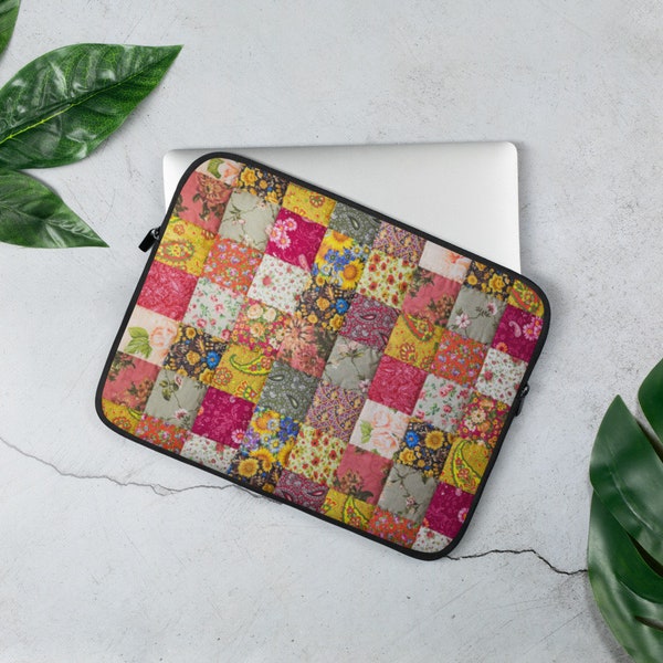 Quilted Laptop Sleeve, Computer cover, protective laptop case, Travel gear, patchwork printed pattern, multi colored, print on one side