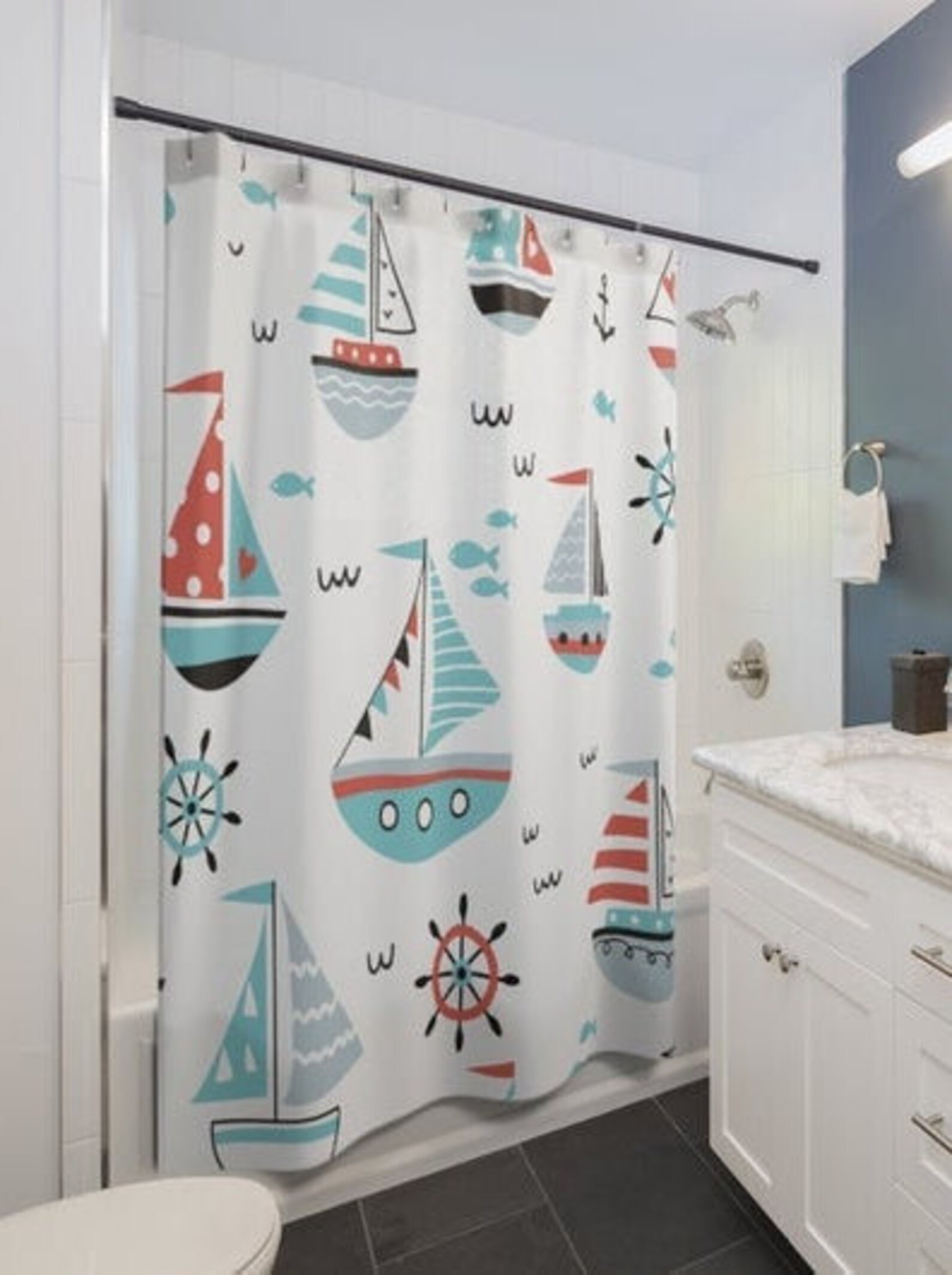 Shower Curtains, Nautical Pattern, Boats, Anchor, Wheel, Fish in the