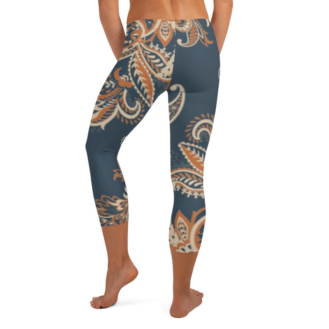 Woman's Paisley Pattern Navy Blue Capri Leggings Gym Etsy