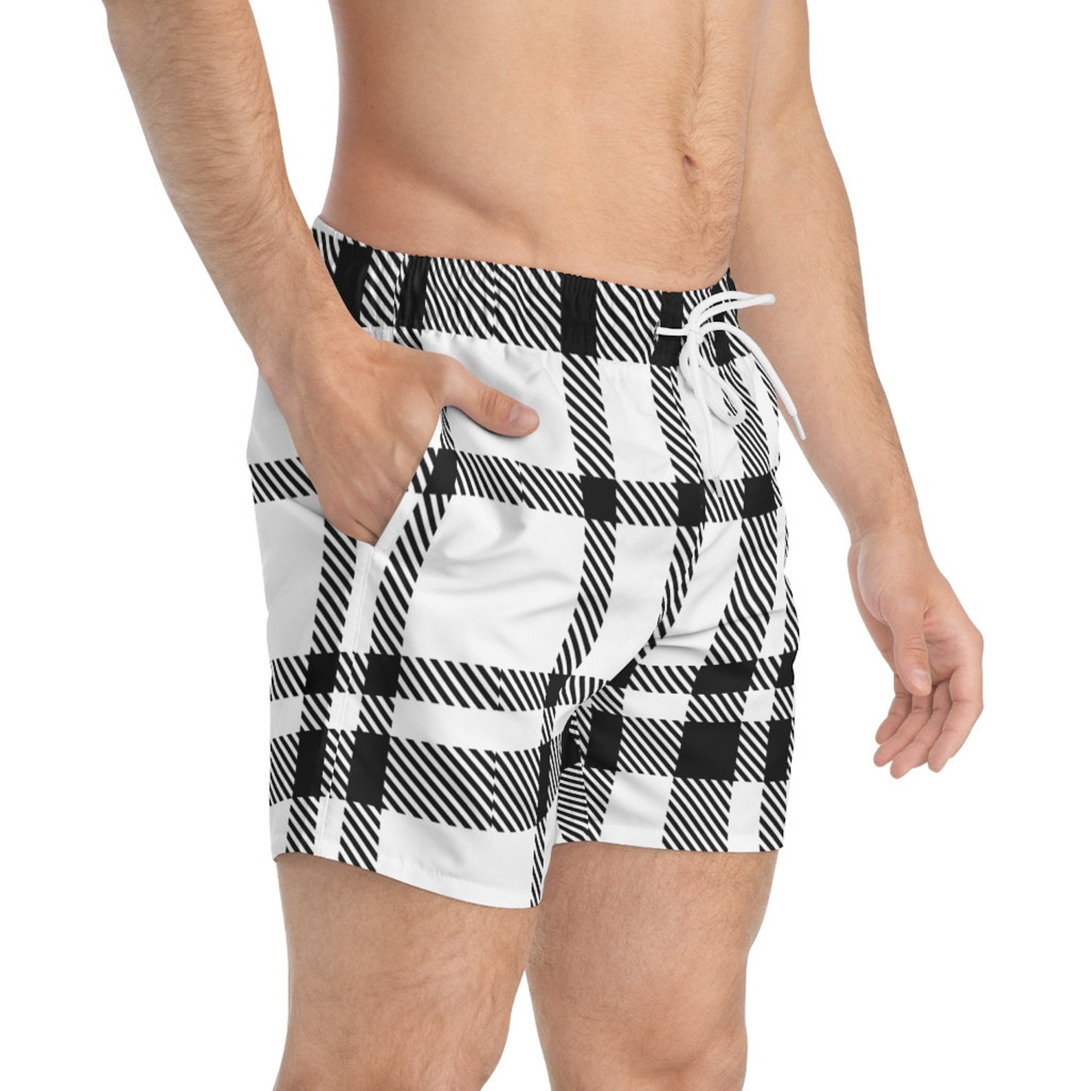 Black and White Plaid Men's Bathing Suit Swim Trunks Etsy