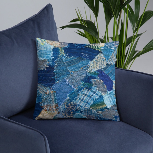 Almofada, almofada de acento, jeans, jeans, frente e verso, amarelo (traseira), patchwork (frente), impressão em padrão, jeans não real, decoração de casa