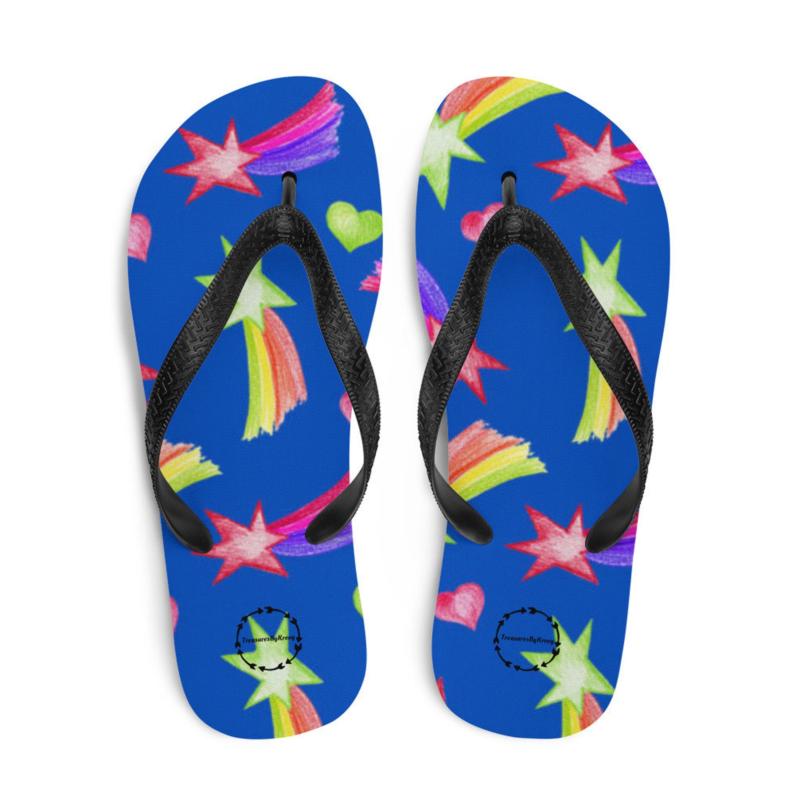 Woman's, Flipflops, Blue, Shooting Stars, Rainbow Colors, Bright