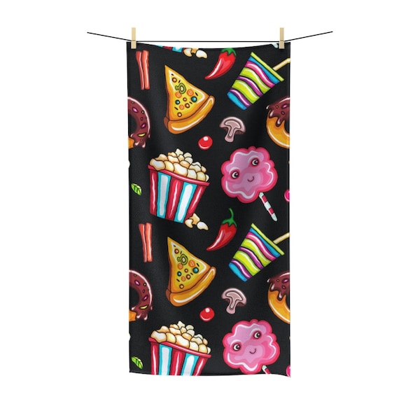 Fun Food towel, Polycotton Towel, Pizza, popcorn, cotton candy, soda, doughnuts, peppers, keeps you dry, bathroom accessory, mom gifts