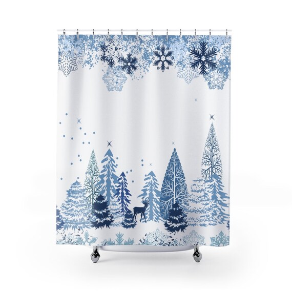 Winter Duschvorhang-Set – Design Mit Wald, Schneeflocken & Hirsch, Wasserdichter Stoff, Inkl. Haken