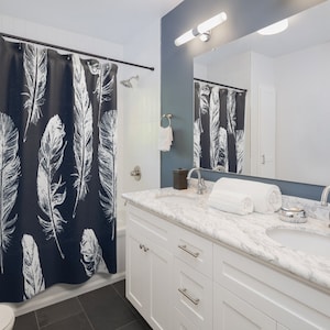 Shower Curtains, Navy blue , Bird, Feathers, Bathroom decor, home decor, seller has matching accessory's, for the home