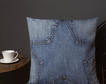 Star accent pillow case, Denim star pillow cover, Print on washable pattern, Not real denim, Pillow Case only No insert, blue jean look